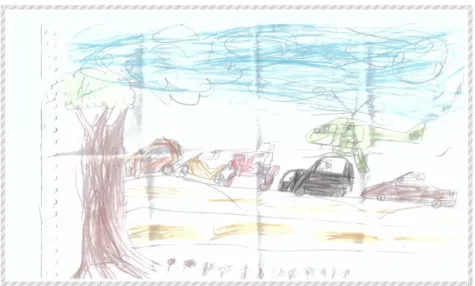Figura 7: Este desenho é de Eduardo – 6 anos, figura que demonstra uma escola que  contempla a realidade social