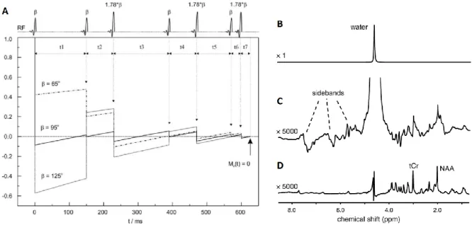 Figure  3.  Scheme  representing  a  VAPOR  sequence�   including  seven  CHESS  water  suppression  pulses  with  optimized  flip  angles  and  timing  (A)  showing  the  water  longitudinal  magnetization  (M z )  time  dependence  for  three  different 