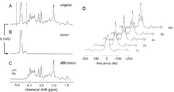 Figure 5. Residual water removal  using the HLSVD algorithm in a  1 H-MRS spectrum�  (A) by subtraction of the calculated  water  spectrum  with  the  HLSVD  (B)  for  the  frequency  range  indicated  with  the  dashed  lines