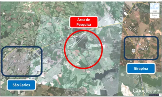 Figura 16: Área de pesquisa, localizado entre as cidades de São Carlos e  Itirapina. Fonte: Google Earth, 2011