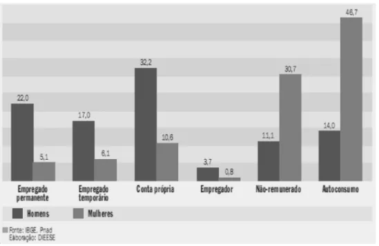 Figura 20: Gráfico de distribuição do pessoal ocupado na agropecuária por  posição na ocupação, segundo sexo – Brasil 2009 (em %)