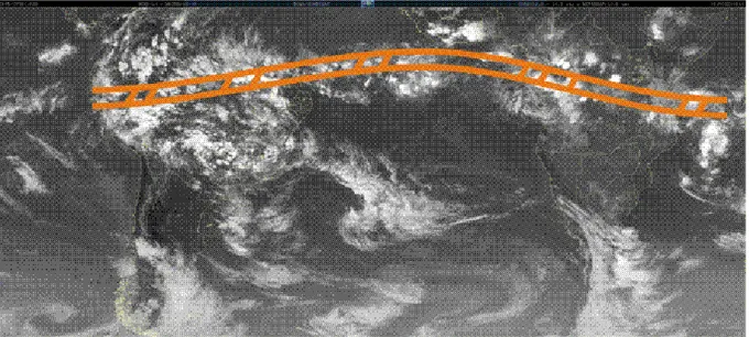 Figura 02 – Zona de Convergência Intertropical (ZCIT) na imagem dos satélites  GOES+METEOSAT, no canal infravermelho do dia 27 de março de 2009, às 17h  (hora local)