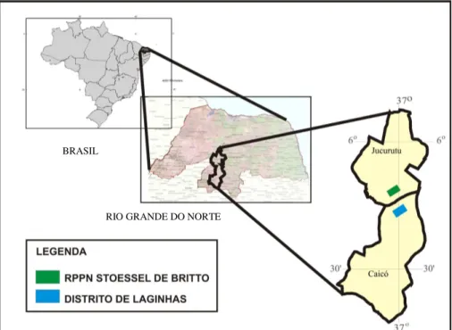FIGURA  3.  Localização  dos  municípios  de  Caicó  e  Jucurutu,  no  Rio  Grande do Norte, Brasil, onde estão inseridas a comunidade de Laginhas  e a RPPN Stoessel de Britto, respectivamente