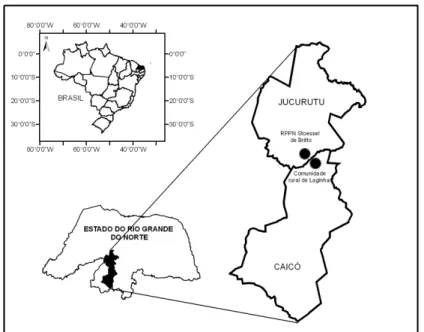 Figura  1-  Localização  dos  municípios  de  Caicó  e  Jucurutu,  no  Rio  Grande  do  Norte,  Brasil,  onde  estão  inseridas  a  comunidade  rural  de  Laginhas  e  a  RPPN  Stoessel de Britto, respectivamente