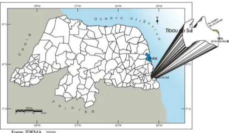 Figura  1  –  Localização  da  área  de  estudo:  Estado  do  Rio  Grande  do  Norte,  Nordeste  do  Brasil,  em  destaque  para  o  município  de  Tibau  do  Sul,  onde  estão  as  comunidades  pesqueiras  de  Bela  Vista,  Pernambuquinho, Tibau do Sul (s