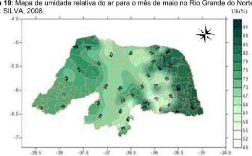 Figura 20: Mapa de umidade relativa do ar para o mês de junho no Rio Grande do Norte.  Fonte: SILVA, 2008