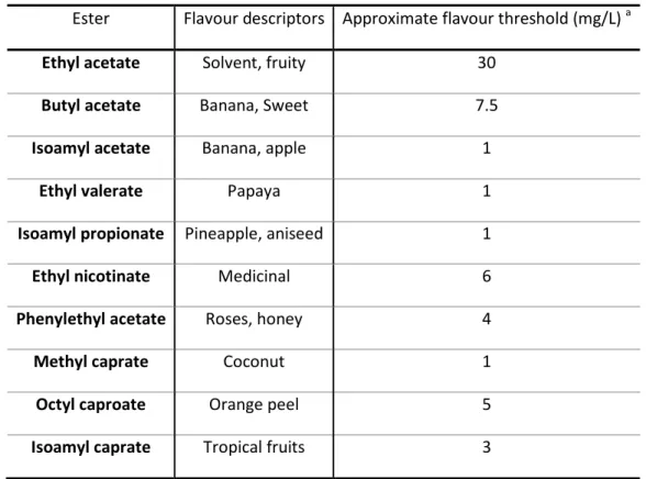 TABLE 1.1 – Significant flavour-active esters in beer (adapted from (1)). 