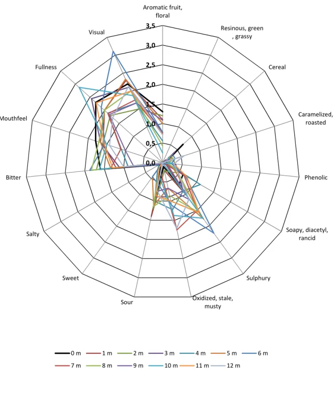 FIGURE 3.2 – Lager beer sensory attributes as a function of the storage months. 