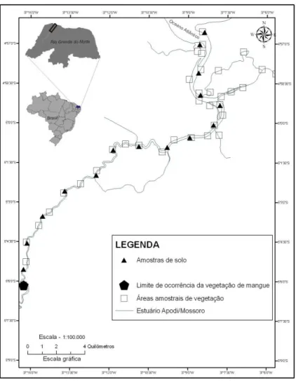 Figura 01 – Mapa de locação das amostragens de solo e vegetação no estuário Apodi/Mossoró (RN)