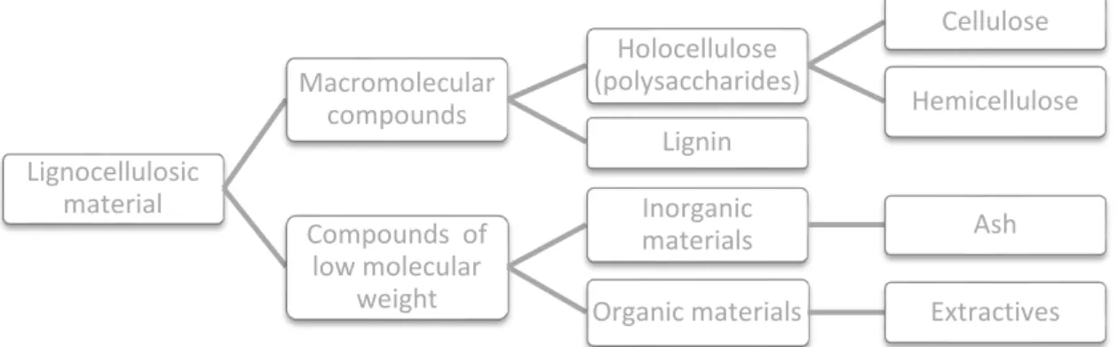 Figure 1-3 Composition of lignocellulosic materials (adapted from  35 ) 