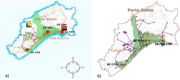 Figura 3.3 – a) Anel de transporte de energia elétrica no Porto Santo; b) Interligação entre as subestações (SE)  e os postos de transformação (PT) do Porto Santo [26] 
