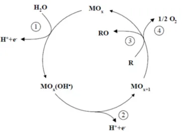 Figura  8  -  Representação  esquemática  da  oxidação  eletroquímica  de  orgânicos  sobre  ânodos  de 