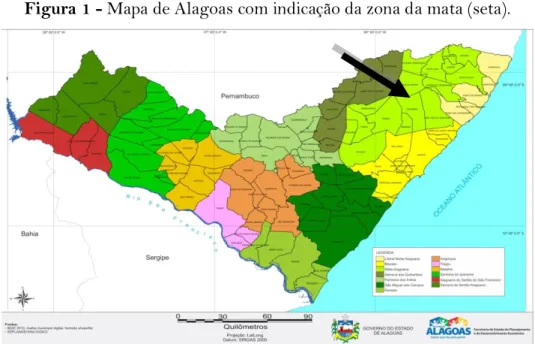 Figura 1 - Mapa de Alagoas com indicação da zona da mata (seta). 