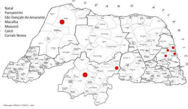 Figura 1: Mapa com os municípios do RN que possuem SAI 