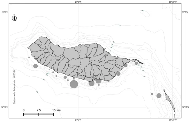Figura  3  –  Mapa  da  Ilha  da  Madeira  com  indicação  da  localização  de  algumas  zonas  de  pesca  (manchas cinzentas) do T