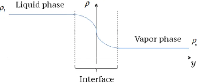 Figure 1.1: Schematic representation of the density profile of the liquid- liquid-vapor interface and of the uniform liquid and liquid-vapor phases