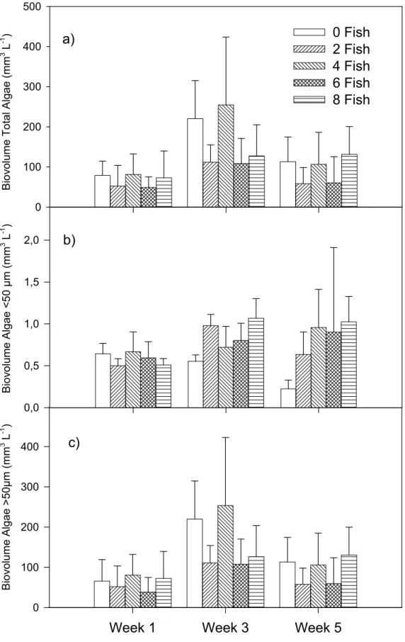 Figura 2.2. Biovolume (mm3 L-1) do fitoplâncton total (a), algas menores &lt;50µm (b), algas maiores &gt;50µm (c) nos mesocosmos com 0, 2, 4, 6 e 8 tilapias na 1ª semana, 3ª semana e 5ª semana do experimento