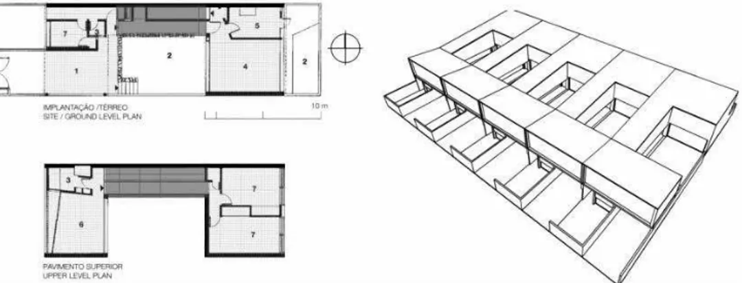 Figura 5 – Casa D’Estefani (1952) e esquema de sua implantação em série. Desenho: Marcio Cotrim