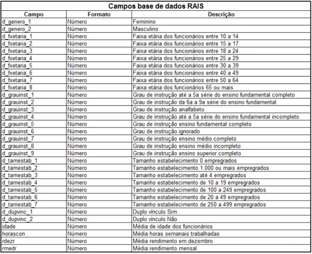 Tabela 4  – Campos base de dados RAIS: 