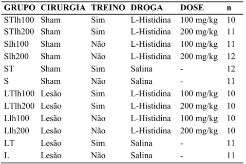 Tabela 1: Grupos experimentais tratados com L-histidina e respectivos controles 