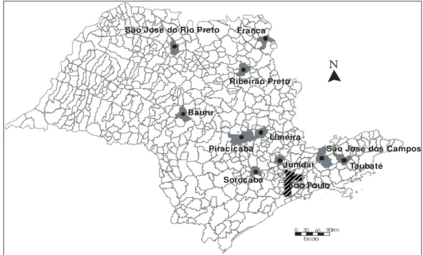 Figura 2 – Mapa da Localização dos municípios com população entre 200 e 500 mil  habitantes no Estado de São Paulo 