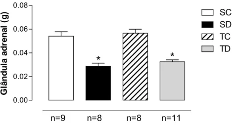 Figura 5. Valores de massa da glândula adrenal  ao final do protocolo experimental, nos diferentes  grupos  analisados:  sedentário  controle  (SC),  sedentário  tratado  com  dexametasona  (SD),  treinado  controle  (TC)  e  treinado  tratado  com  dexame