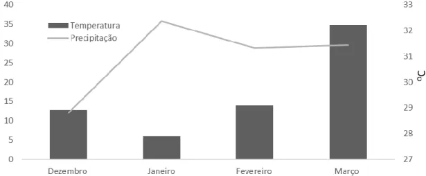 Figura 2 - Temperatura da superfície e pluviosidade no período de janeiro a  dezembro durante o período experimental Fonte: Autoria própria