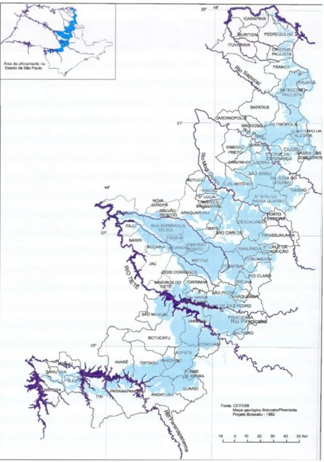 Figura 12 - Áreas de Afloramento do Sistema Guarani no Estado de São Paulo  (CETESB, 2004) 