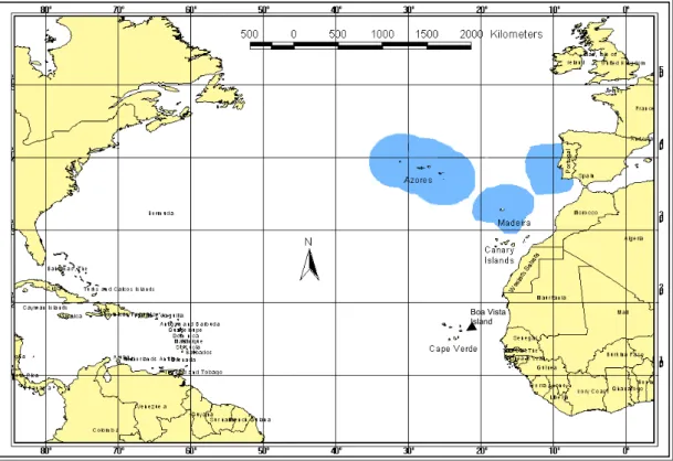 Fig. 5 Madeira and Cape Verde Archipelagos in the north-eastern Atlantic ocean. Blue areas are Portuguese Economic  Areas (EEZ’s)