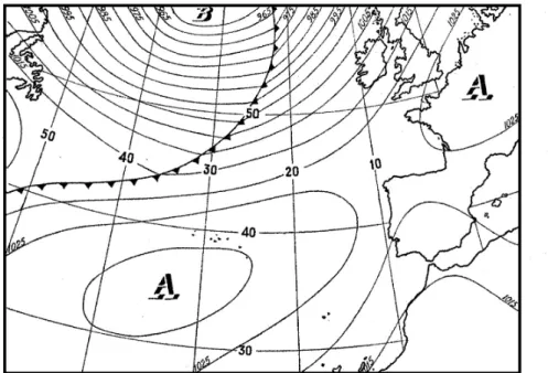 Figura IV.1- Anticiclone dos Açores centrado nas proximidades e para sul dos Açores e  orientado na direcção aproximada sudoeste-nodeste