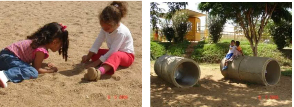 Figura 9 e 10. Brincadeira no pátio de areia, turma de 03 anos, Creche Azul 