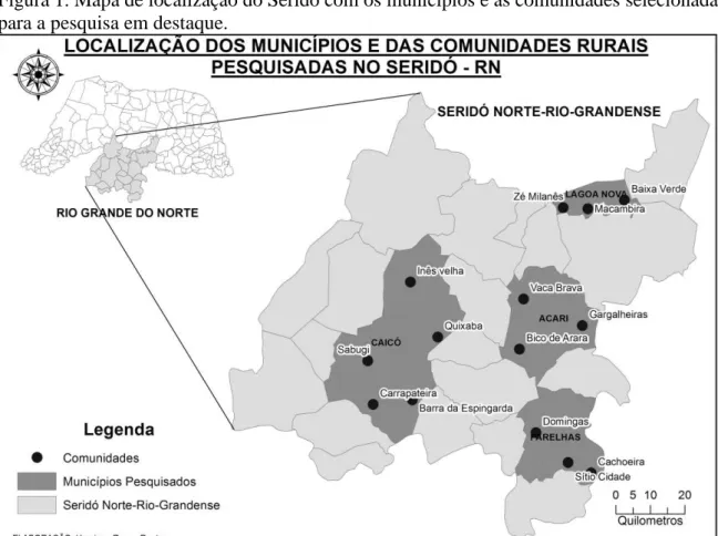 Figura 1. Mapa de localização do Seridó com os municípios e as comunidades selecionadas  para a pesquisa em destaque