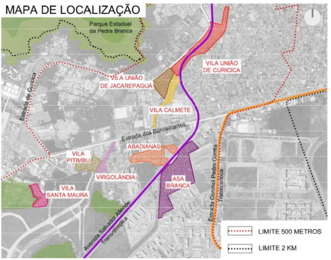 Fig.  22  -  Mapa  da  área  do  Agrupamento  26  com  traçado  das  Transolímpica  e  Transcarioca-  fonte:  Corcovado Arquitetura &amp; Design / Morar Carioca