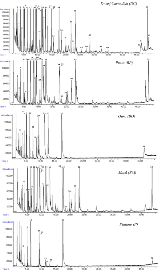 Fig. 2. Representative chromatograms (fingerprint signals) obtained from the dHS-SPME PDMS/DVB / 1 D-GC–qMS analysis of five samples corresponding to different banana cultivars (T extraction : 50 °C; t extraction : 60 min; NaCl 0.3 g; 750 min 1 )