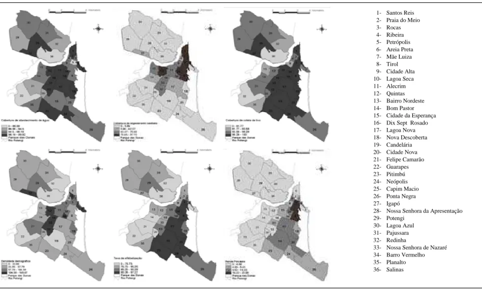 Figura 1- Mapas temáticos sobre a cobertura de abastecimento de água, esgotamento sanitário, coleta de lixo, densidade demográfica, taxa de  alfabetização e renda per capita do Município do Natal