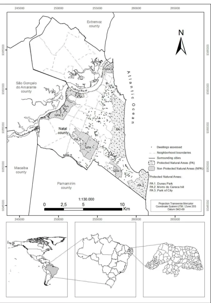 Figure 1 – The study area, showing the location of properties for sale during the study period,  protected natural areas and non-protected natural areas