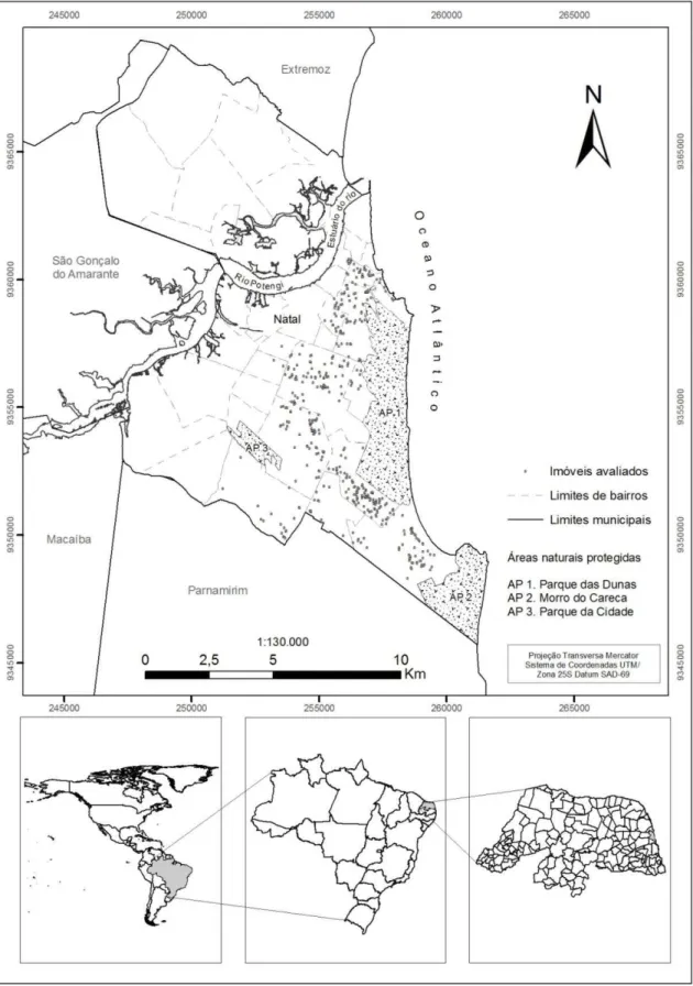 Figura  1  –  Área  de  estudo,  mostrando  a  localização  dos  imóveis  a  venda  no  período  de  realização do trabalho e as áreas naturais protegidas