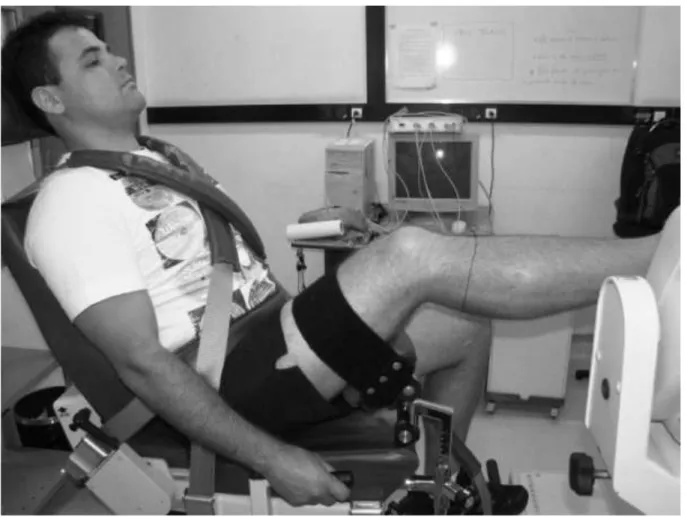Figura  3.  Participante  posicionado  no  dinamômetro  isocinético  para  avaliação  do  desempenho  muscular dos músculos flexores plantares do tornozelo.