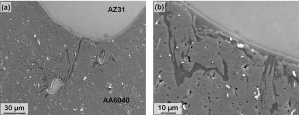Figura 2.5 - Micrografia feita através de MEV da interface da liga AA6040  com a liga AZ31: (a) inclusão da liga de magnésio incorporada na liga de  alumínio e formação de fase intermetálica nos arredores (b) vista mais 