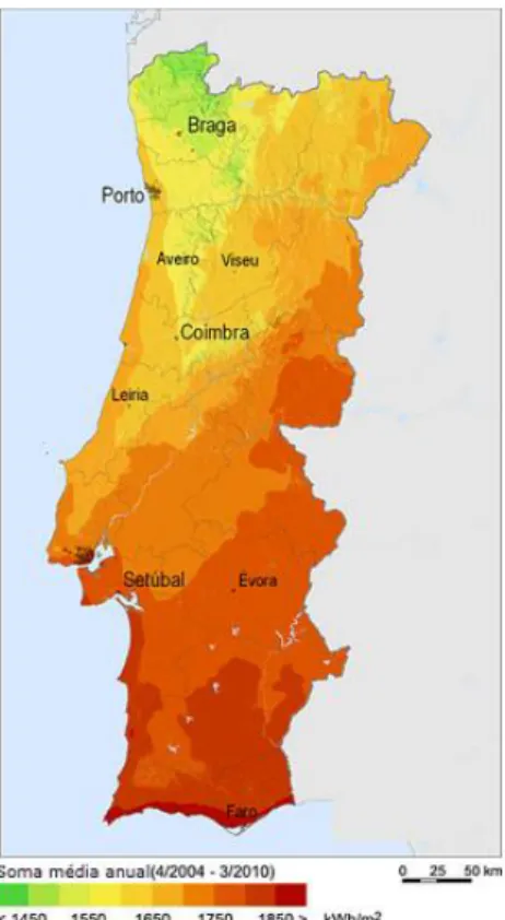 Figura 2.4  –  Carta da radiação solar em Portugal Continental (2010) [16] 