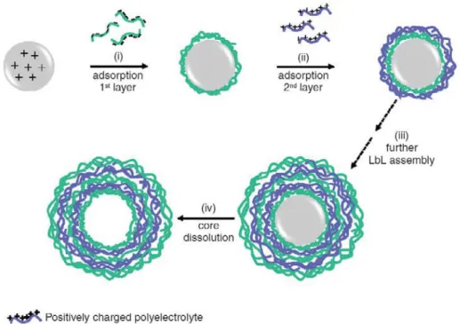 Figure 1 - Schematic of polyelectrolyte capsule fabrication by layer-by-layer (LbL) assembly [4]