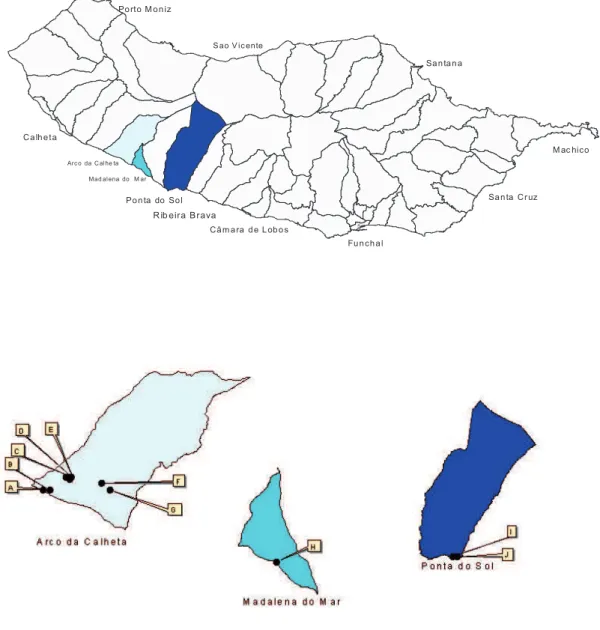 Figura 1- Locais de colheita das amostras de solo e raízes de bananeira. Mapa Ilha da Madeira (Escala 1:6500); 