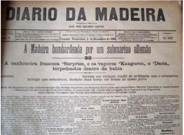 Figura 5 - Noticia sobre o 1.º bombardeamento alemão ao Funchal,   publicado no Diário de Notícias da Madeira em 5 Outubro de 1936 