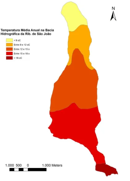 Figura 24: Mapa de Isotérmicas na Bacia Hidrográfica da Ribeira de São João (Atlas Digital do Ambiente, 2002) 