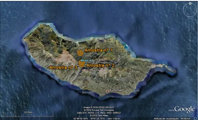 Figura 6 – Localização das três amostras na ilha da Madeira em planta (Fonte: Google Earth)