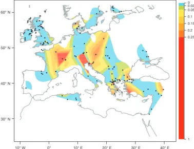 Figure 4 | Regional distribution of beeswax residues in potsherd  lipid extracts. Interpolated map of Old World beeswax occurrences  (proportion of beeswax residues per number of residues in pottery  sherds, in percentages) during the Neolithic (including 