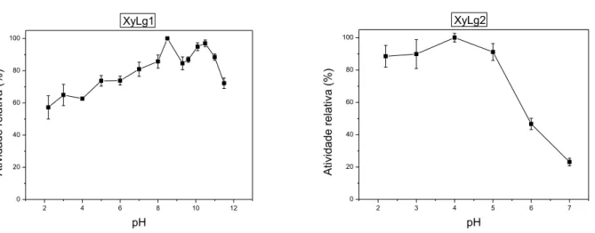 FIGURA 4.7: Curvas de atividade relativa em função do pH para as enzimas XyLg1 e  XyLg2 utilizando xilana como substrato