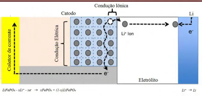 FIGURA 1.8  –  Ilustração adaptada do fenômeno de condução das partículas em  LiFePO 4  utilizado como catodo durante o processo de carga (Adaptada de P ARK 