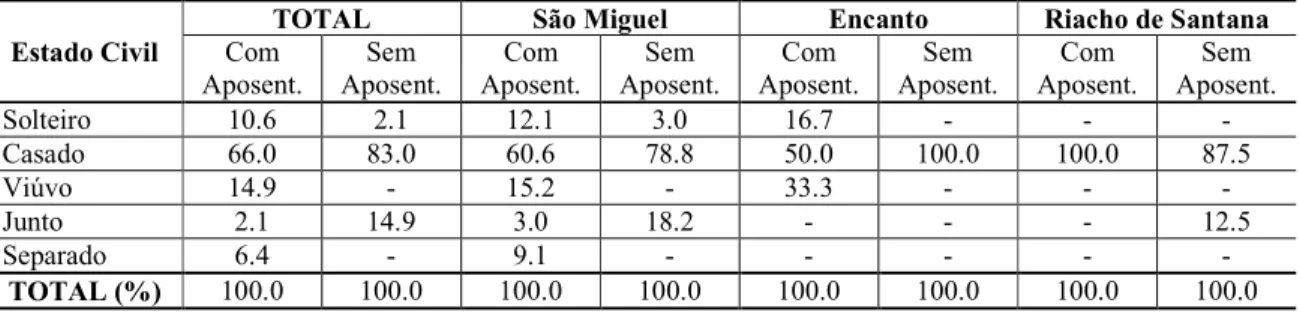 Tabela 19: Estado civil do chefe das famílias pesquisadas (%) – Microrregião Serra de São Miguel R