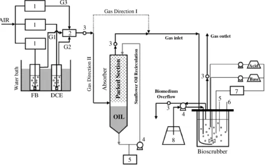 Fig. 1. Experimental set-up. Gas direction I was followed when the waste gas was introduced directly to the bioscrubber, bypassing the absorber